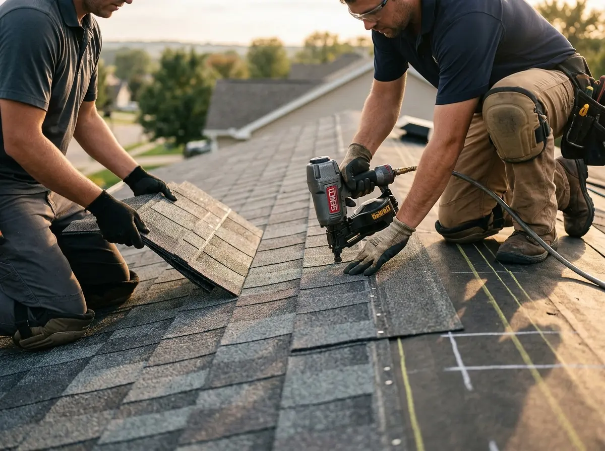 Professional roofer working on a residential roof in Romulus